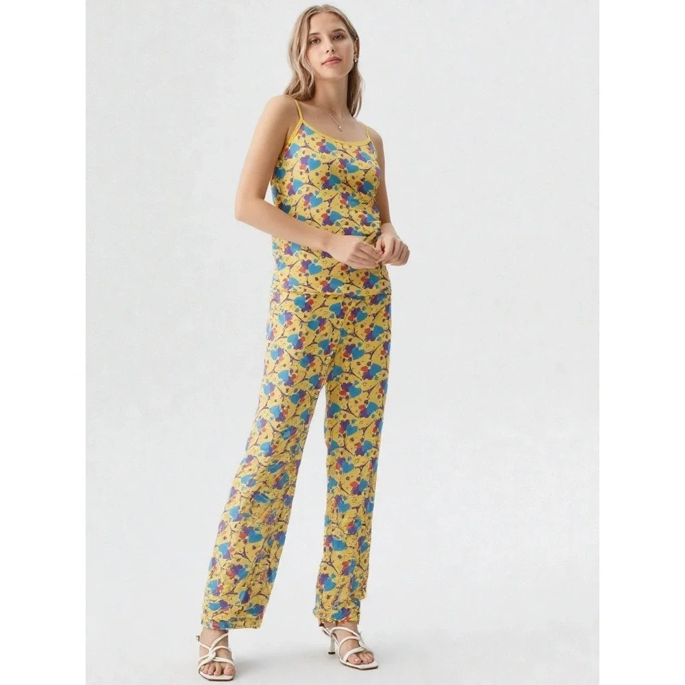 Pajama Set Camisole‎ Pants Yellow Eiffel Tower Hearts Print M